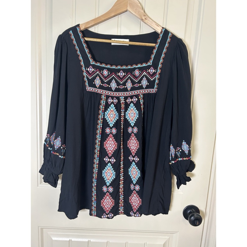 Impressions Women's Tunic Top Sz 1X Black Ballon  Sleeve Embroidery Boho Peasant
